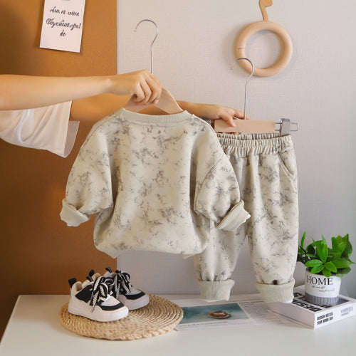 Boys Off White Abstract Printed Sweatshirt With Sling Bag and Pants Set Sets