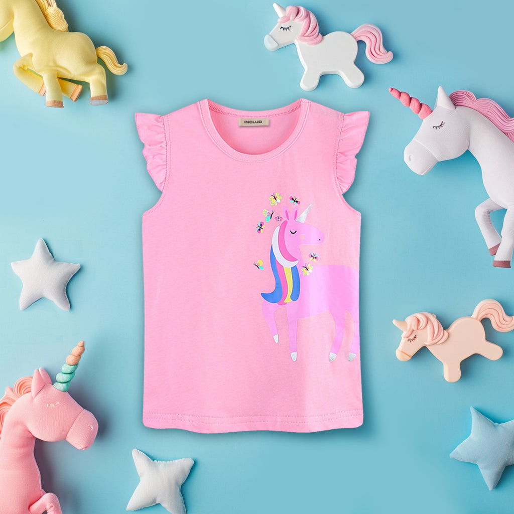 Girls Unicorn Print Short Sleeves T-Shirt