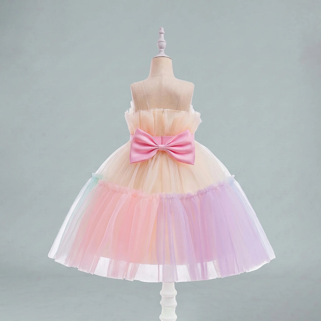 Girls Multicolor Sleeveless Tutu Partywear Dress With Back Bow Party Dresses