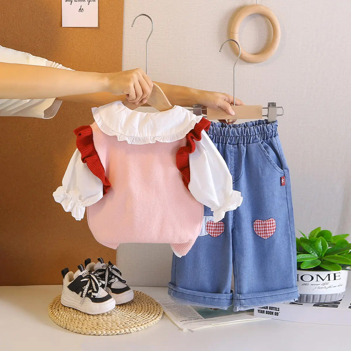 Girls Pink Bunny Printed Sweater Vest With Top & Denim Pant Sets Sets