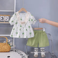 Girls Green Bow Print Puff Sleeve Top With Shorts Sets Sets Green 1-2 Y