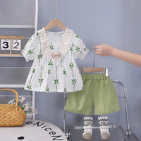 Girls Green Bow Print Puff Sleeve Top With Shorts Sets Sets Green 1-2 Y