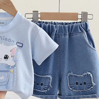 Girls Blue Cat Motif Short Sleeve T-Shirt With Denim Shorts Sets 2 pc. Sets
