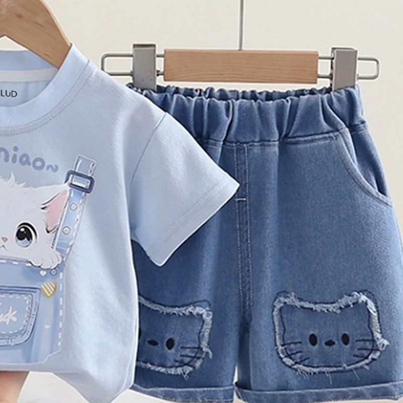 Girls Blue Cat Motif Short Sleeve T-Shirt With Denim Shorts Sets 2 pc. Sets