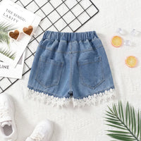 Girls Blue Solid Denim Shorts With Floral Lace Trim Shorts
