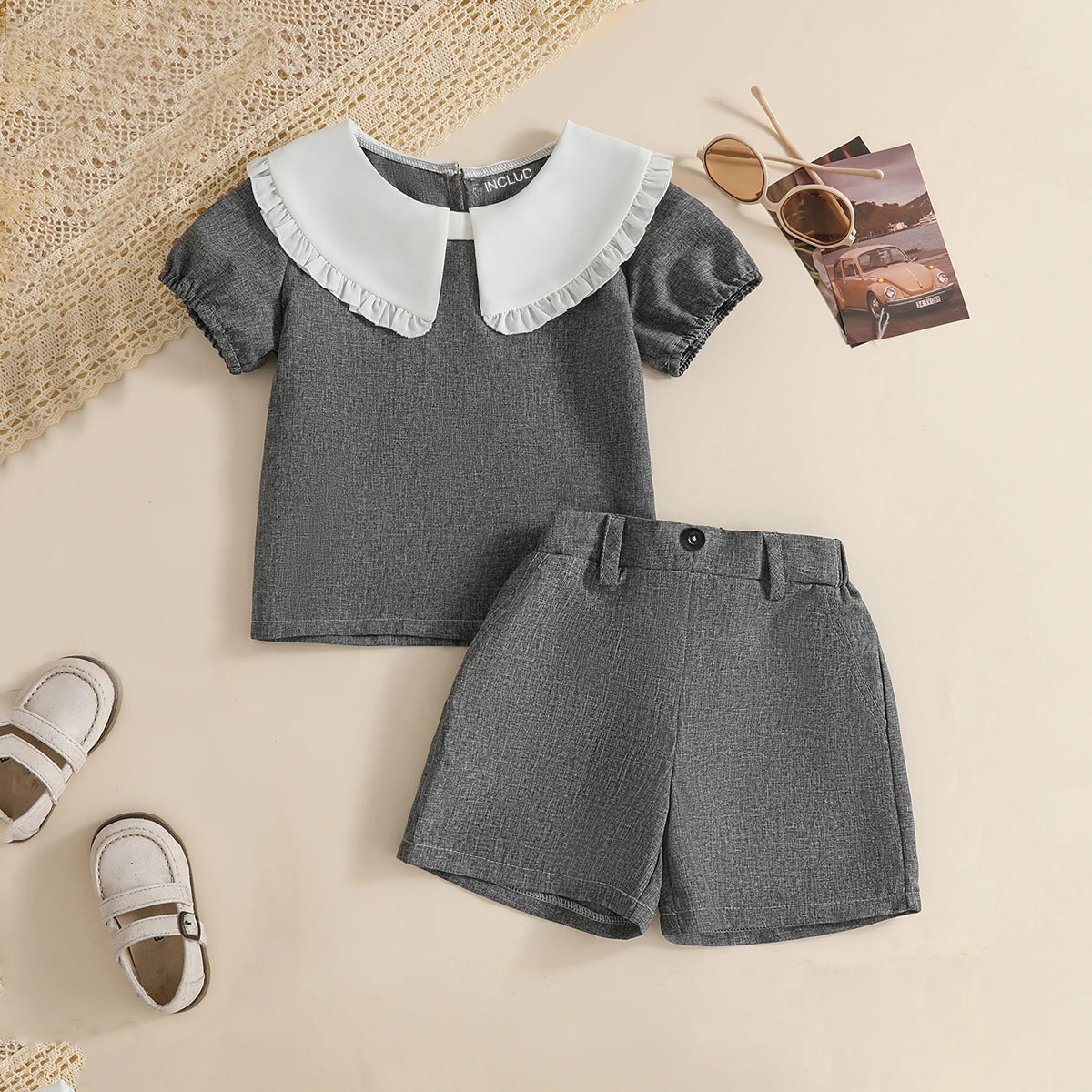 Girls Dark Grey Peter Pan Collar Top With Shorts Sets Sets Dark Grey 3-4 Y