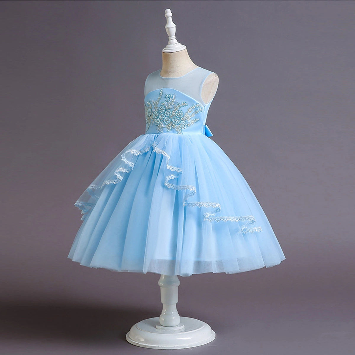 Girls Sky Blue Embellished Sleeveless Layered Party Wear Dress Party Dresses