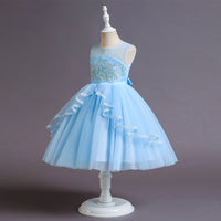 Girls Sky Blue Embellished Sleeveless Layered Party Wear Dress Party Dresses