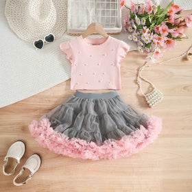 Girls Pink Pearl-Embellished Top With Tiered Tulle Tutu Skirt Sets Sets Pink 3-4 Y