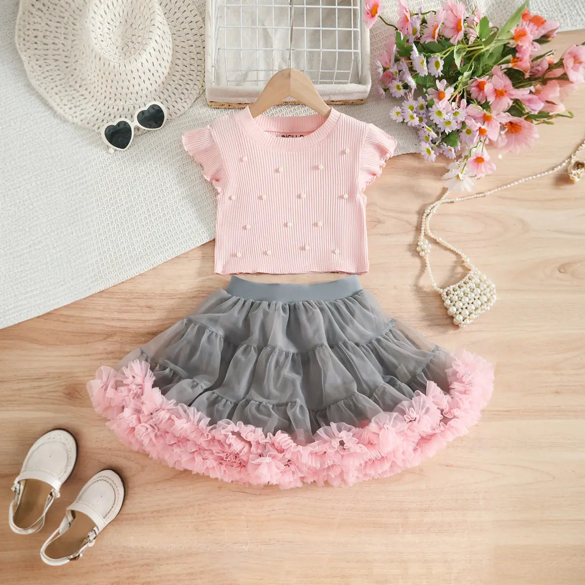 Girls Pink Pearl-Embellished Top With Tiered Tulle Tutu Skirt Sets Sets Pink 3-4 Y