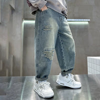 Boys Light Blue Distressed Ripped Loose Fit Denim Jeans Pants