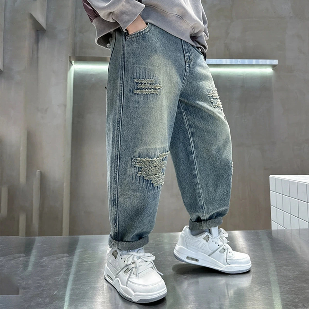 Boys Light Blue Distressed Ripped Loose Fit Denim Jeans Pants