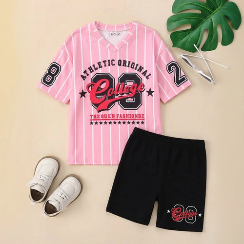 Girls Pink Alphanumeric Printed T-Shirt With Shorts Sets Sets Pink 7-8 Y