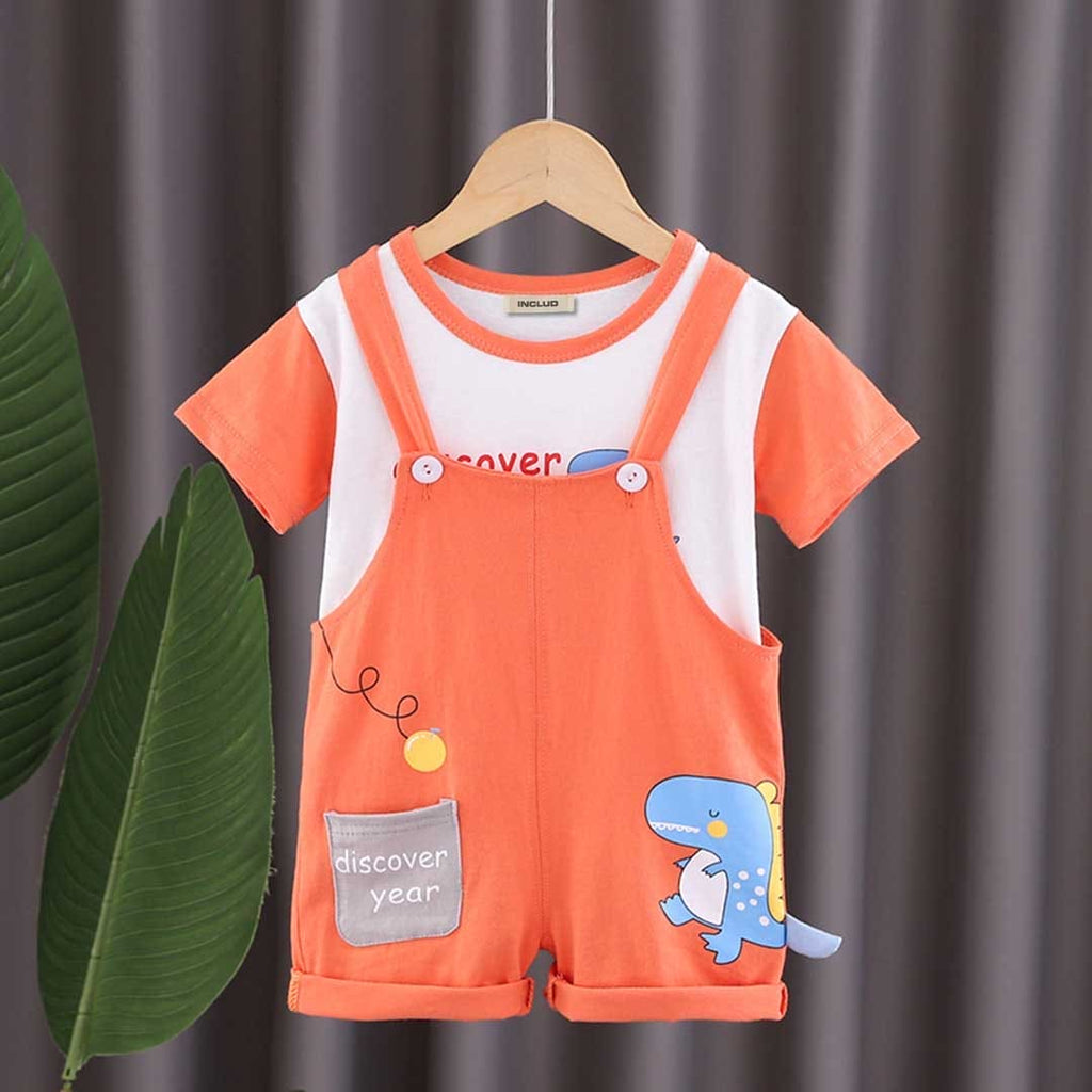 Boys Dinosaur Printed Short Sleeves T-shirt with Dungaree Set Sets Orange 1-2 Y 