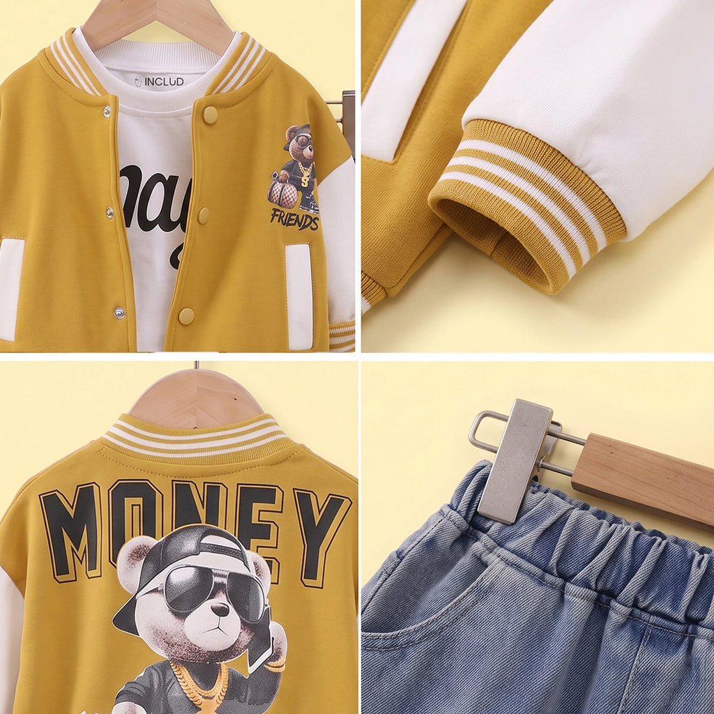 Boys Yellow Graphic Jacket With T-Shirt And Denim Pants Sets 3 pc. Sets