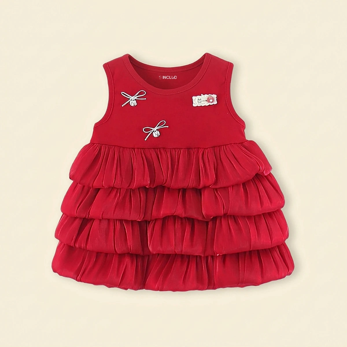 Girls Red Bow Tiered Ruffle Fit & Flare Dress Casual Dresses