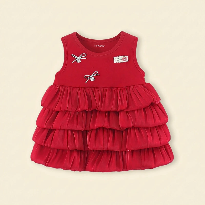 Girls Red Bow Tiered Ruffle Fit & Flare Dress Casual Dresses