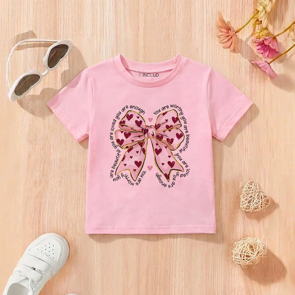 Girls Pink Bow Graphic Short Sleeve T-Shirt Tshirts Pink 2-3 Y