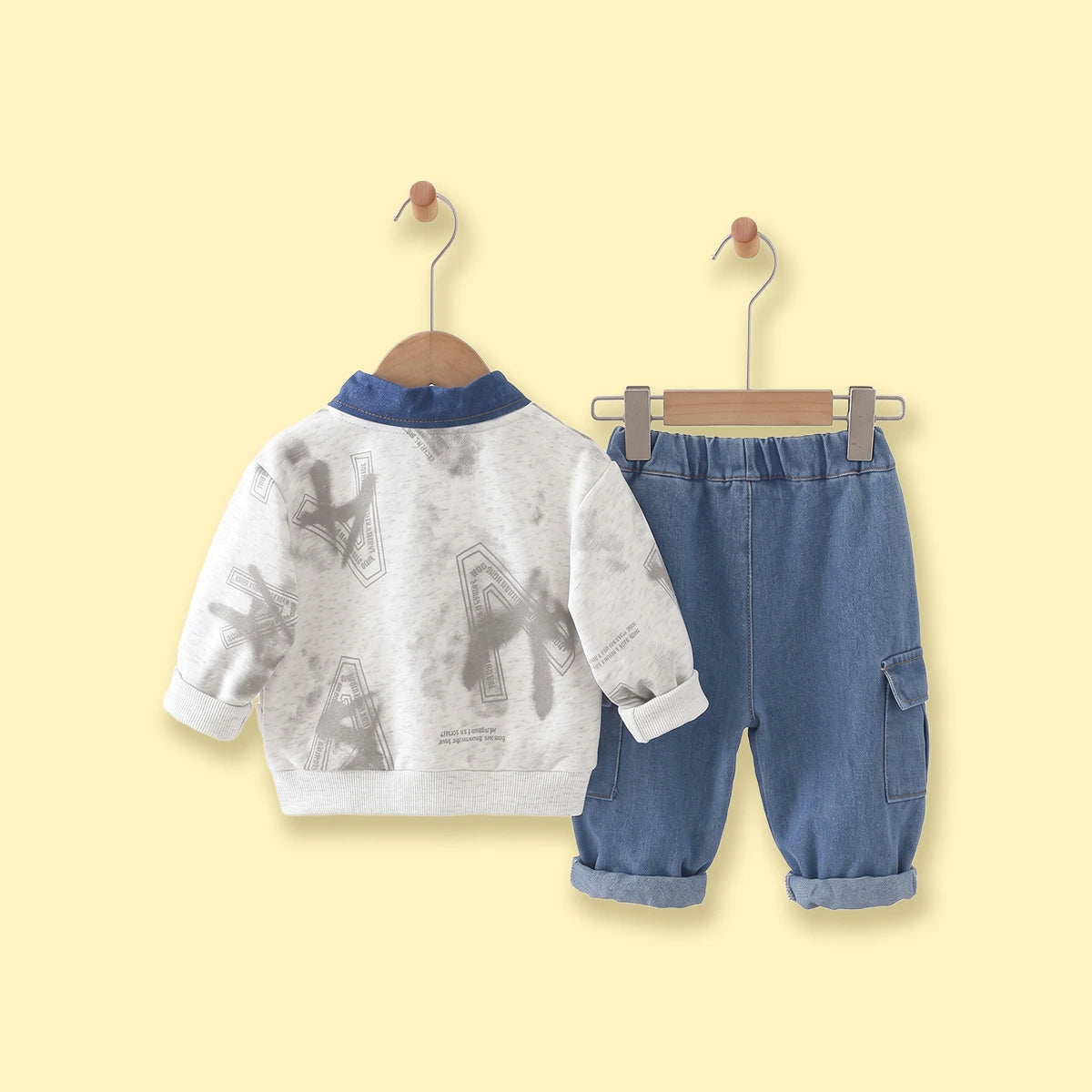 Boys Light Grey Abstract Polo Sweatshirt & Denim Cargo Pants Sets Sets