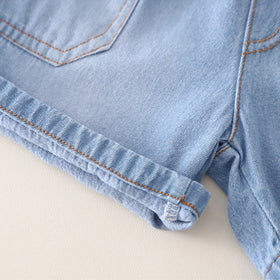 Boys Light Blue Checked Button-Down Shirt With Denim Shorts Set Sets