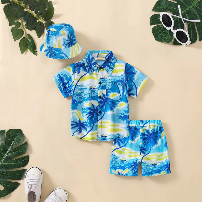 Boys Light Blue Tropical Print Button-Down Shirt With Shorts & Hat Co-ord Sets Sets Light Blue 2-3 Y
