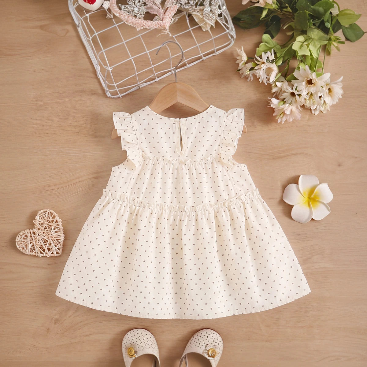 Girls Cream Flutter Sleeve Heart Print Tiered Dress Casual Dresses