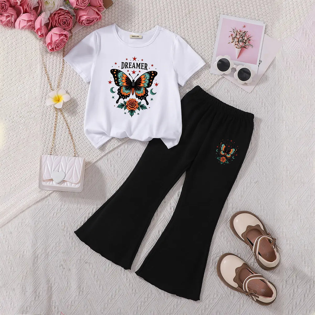 Girls White Butterfly Printed Short Sleeves T-Shirt With Wide-leg Pants Sets Sets White 3-4 Y