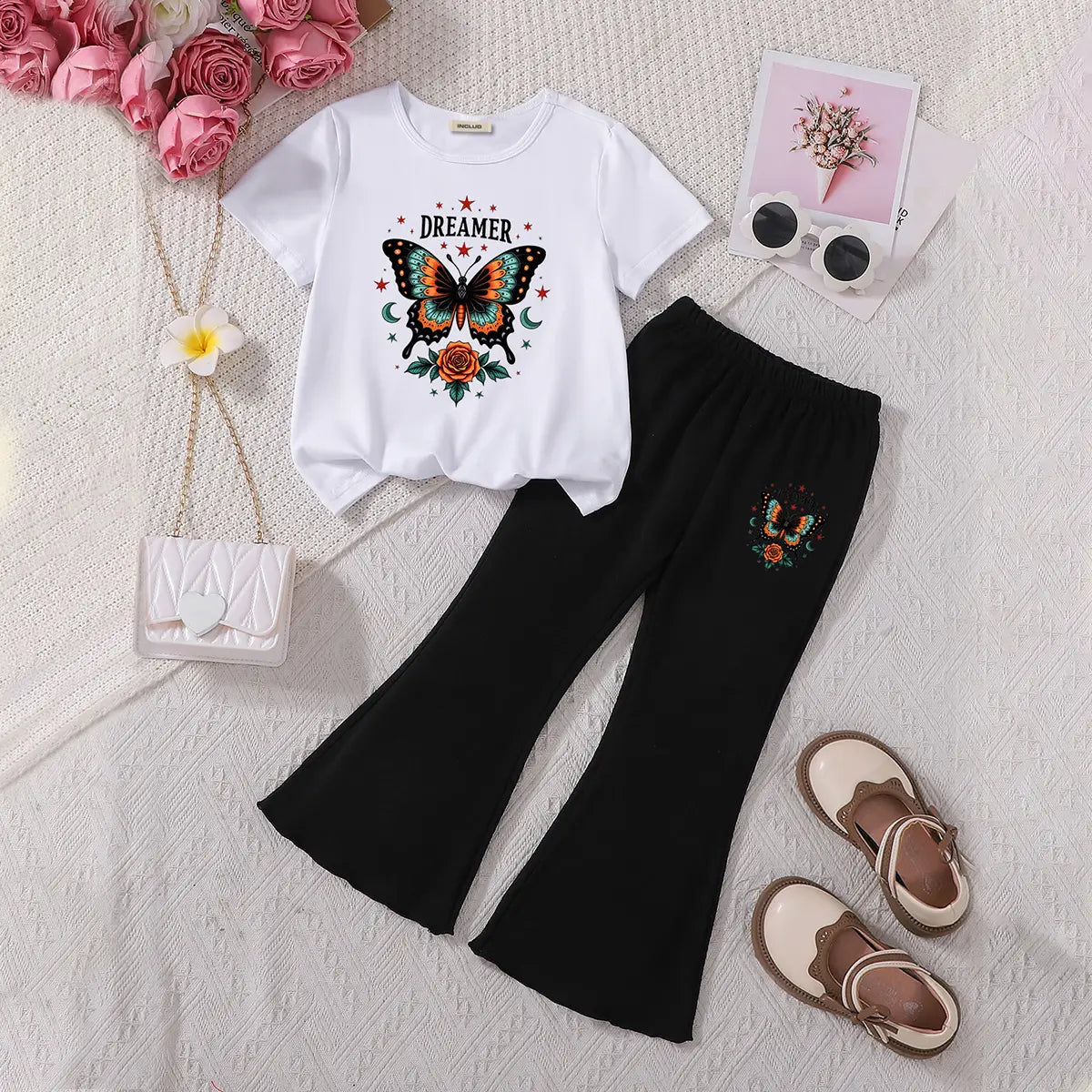 Girls White Butterfly Printed Short Sleeves T-Shirt With Wide-leg Pants Sets Sets White 3-4 Y