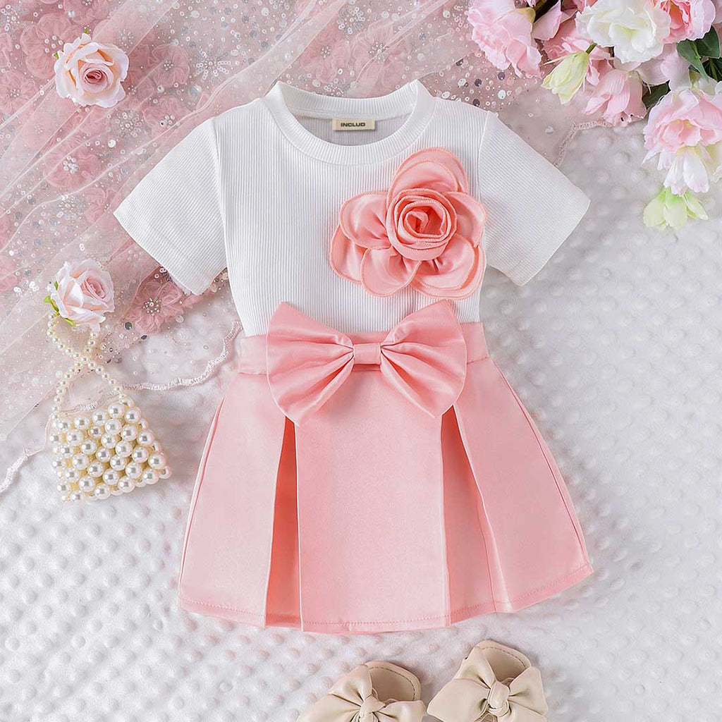 Girls Short Sleeve Top With Pleated Skirt Set