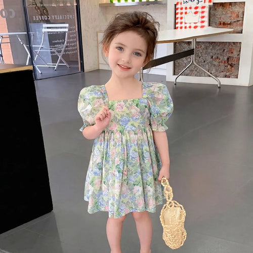 Girls Green Floral Print Puff Sleeve Fit & Flare Dress Casual Dresses Green 1-2 Y
