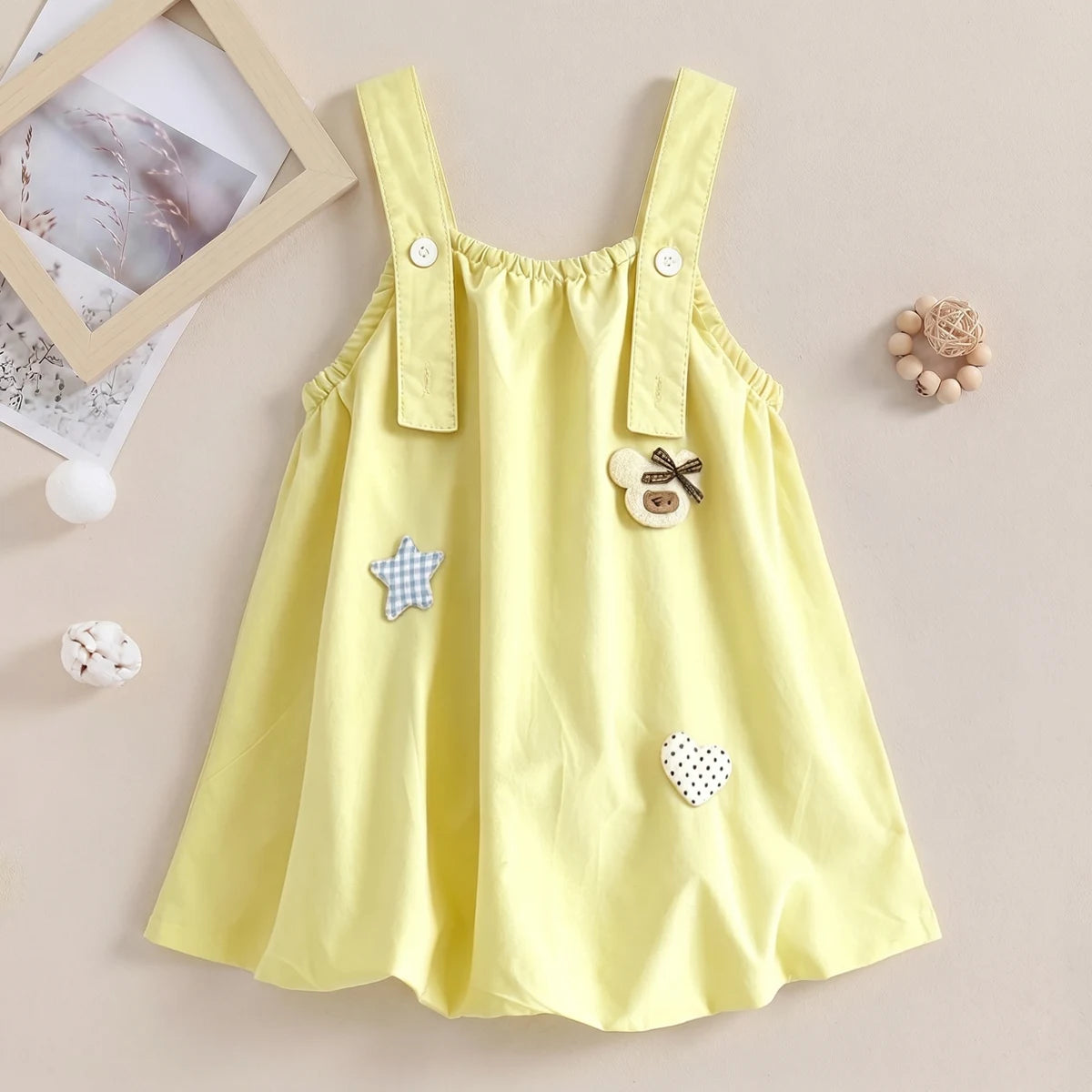 Girls Yellow Heart Applique Sleeveless Pinafore Dress Casual Dresses Yellow 1-2 Y
