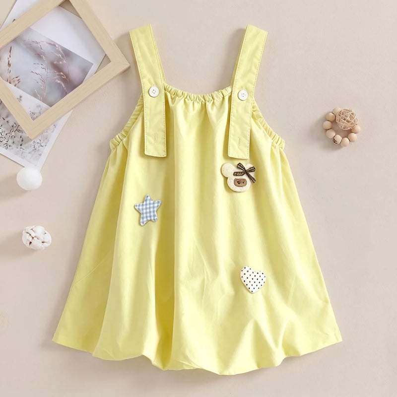 Girls Yellow Heart Applique Sleeveless Pinafore Dress Casual Dresses Yellow 1-2 Y