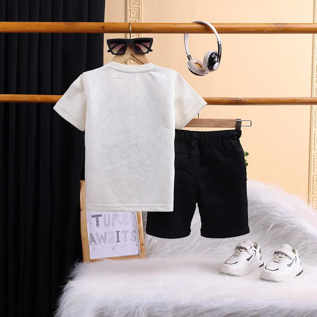 Boys Off White Typographic Printed Short Sleeve T-shirts With Elasticated Shorts Sets Sets
