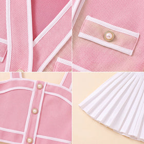 Girls Pink Textured Cardigan Jacket & Top With Pleated Skirt Sets Sets