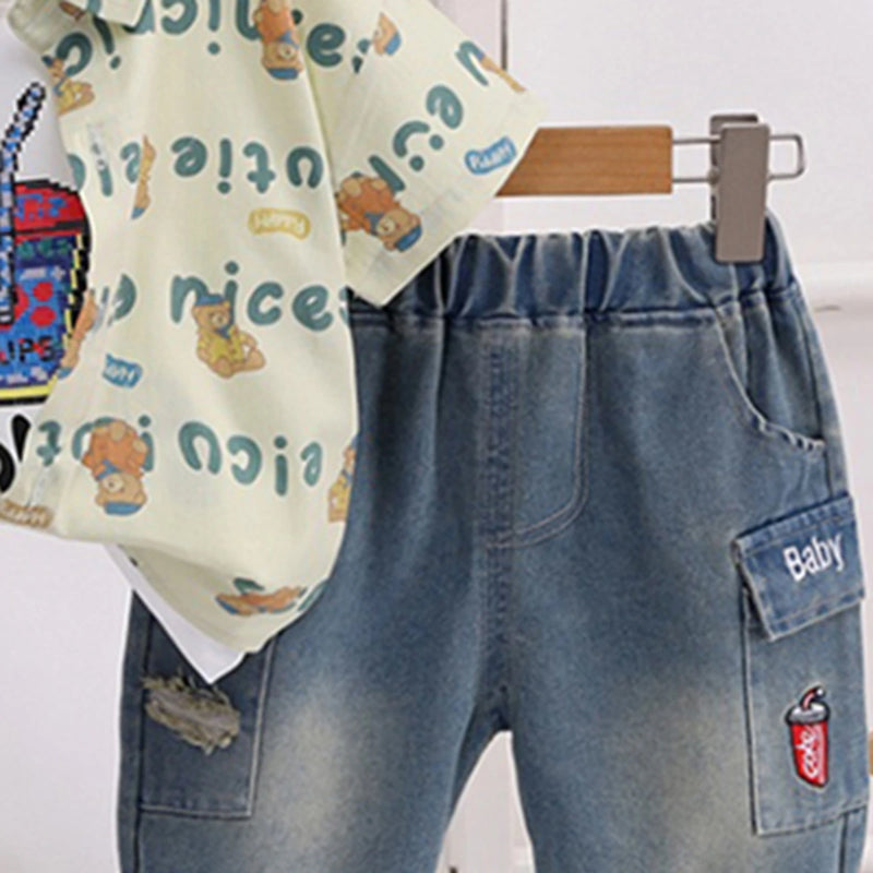 Boys Green Typographic Shirt With Distressed Denim Shorts & T-Shirt Sets Sets