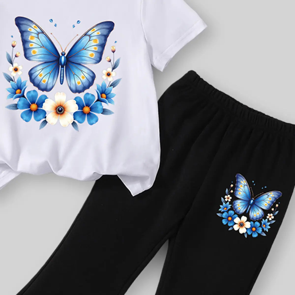 Girls White Butterfly Printed T-Shirt With Flared Pants Sets Sets