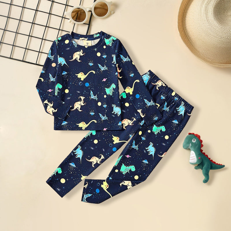 Boys Dark Blue Dinosaur Printed Glow in the Dark T-Shirt With Pajama Co-ord Set 2 pc. Sets