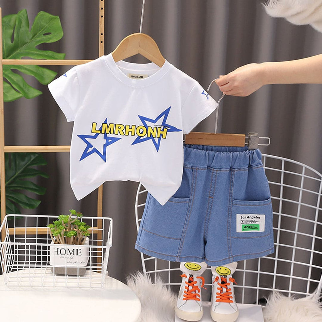 Boys Star Print Short Sleeve T-Shirt With Denim Shorts
