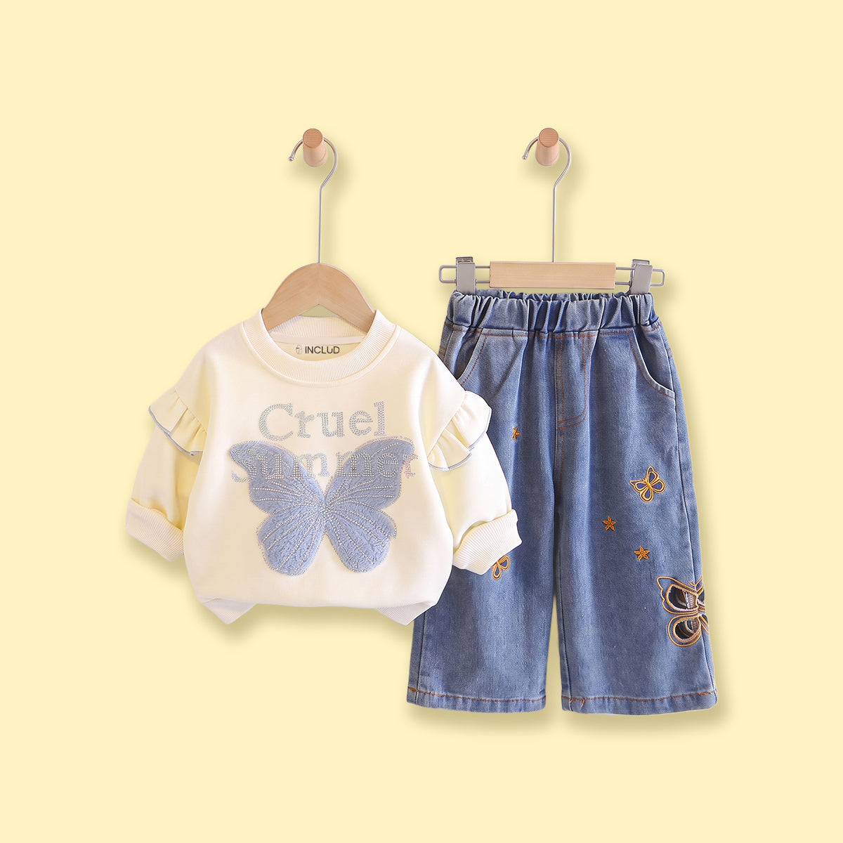Girls Cream Butterfly Embellished Sweatshirt & Denim Pants Sets Sets Cream 1-2 Y