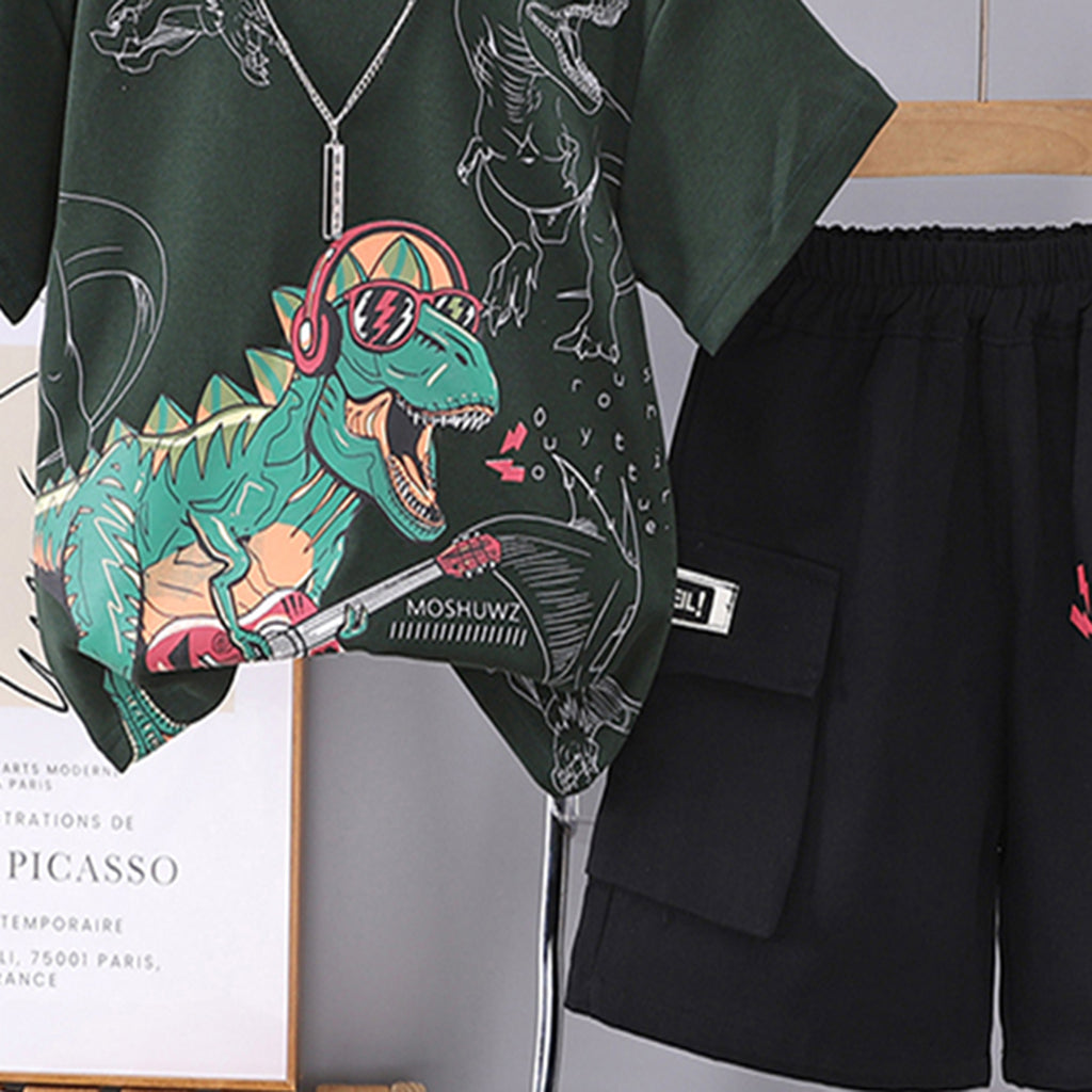 Boys Dinosaur Printed Green T-Shirt With Shorts Set 2 pc. Sets
