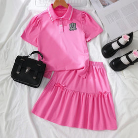 Girls Dark Pink Puff Sleeve Polo Top & Skirt Co-ord Set Sets Dark Pink 7-8 Y