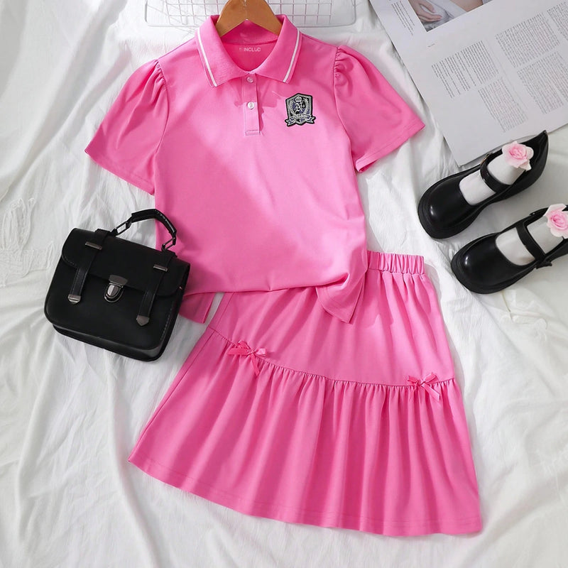 Girls Dark Pink Puff Sleeve Polo Top & Skirt Co-ord Set Sets Dark Pink 7-8 Y