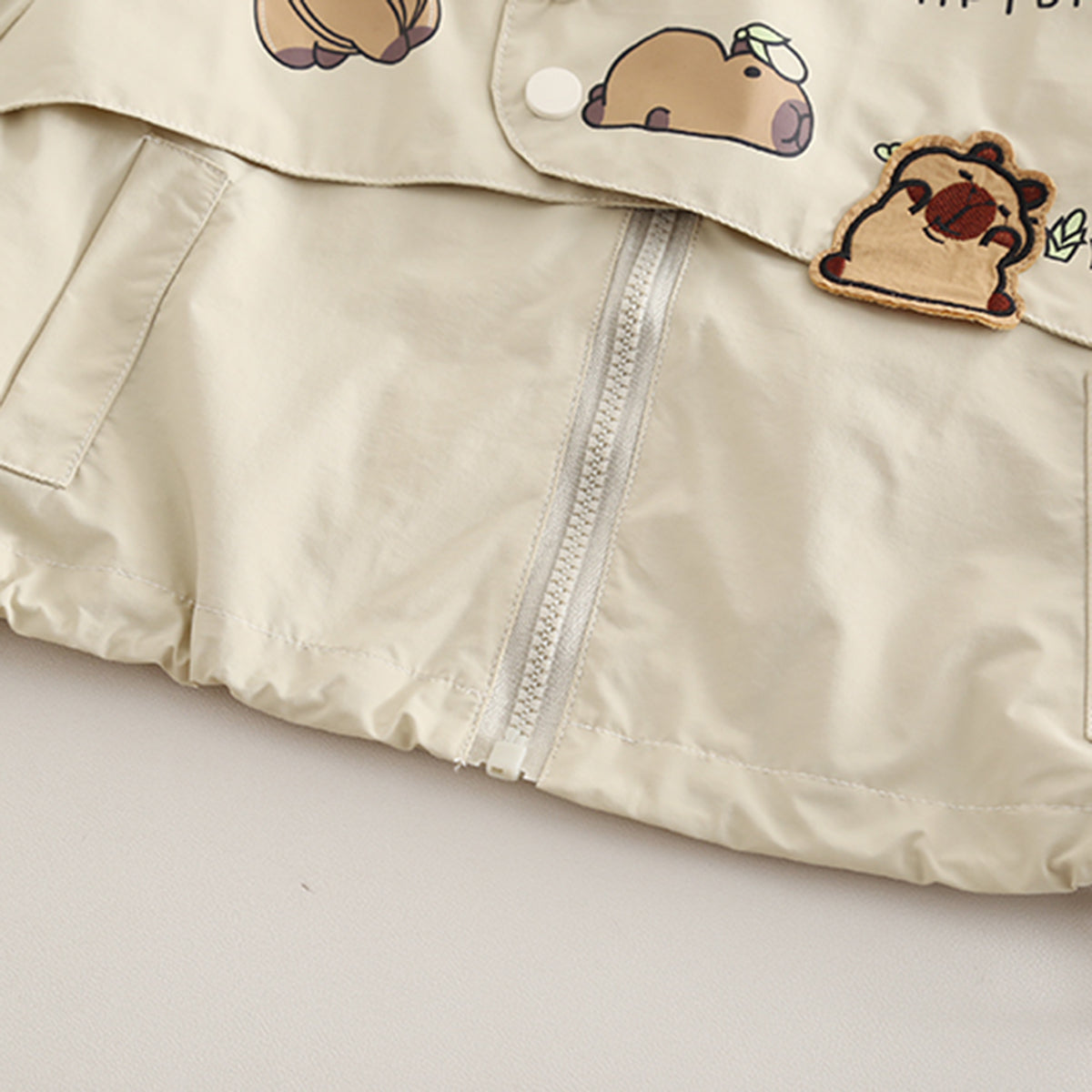 Boys Beige Capybara Printed Hooded Jacket With Joggers Set 2 pc. Sets