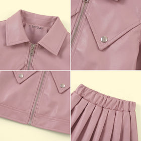 Girls Pink Long Sleeve Faux Leather Jacket With Skirt Sets 2 pc. Sets