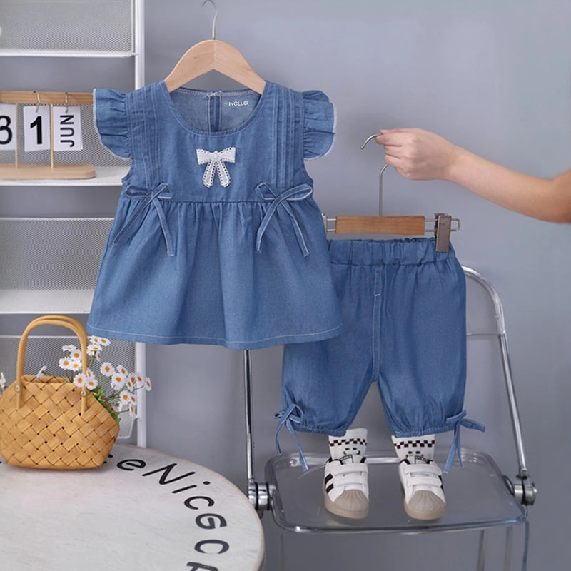 Girls Dark Blue Bow Applique Flutter Sleeve With Elasticated Shorts Sets 2 pc. Sets Dark Blue 1-2 Y