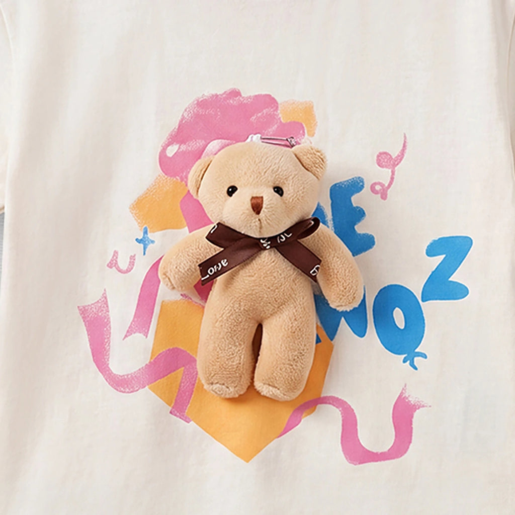 Boys Cream Teddy Applique Short Sleeve Round Neck T-Shirt Tshirts