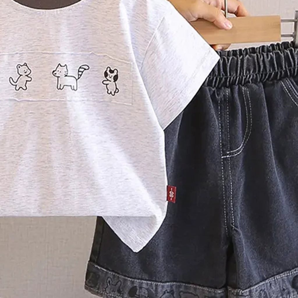 Boys Grey Animals Printed Short Sleeves T-Shirt With Denim Shorts Sets Sets