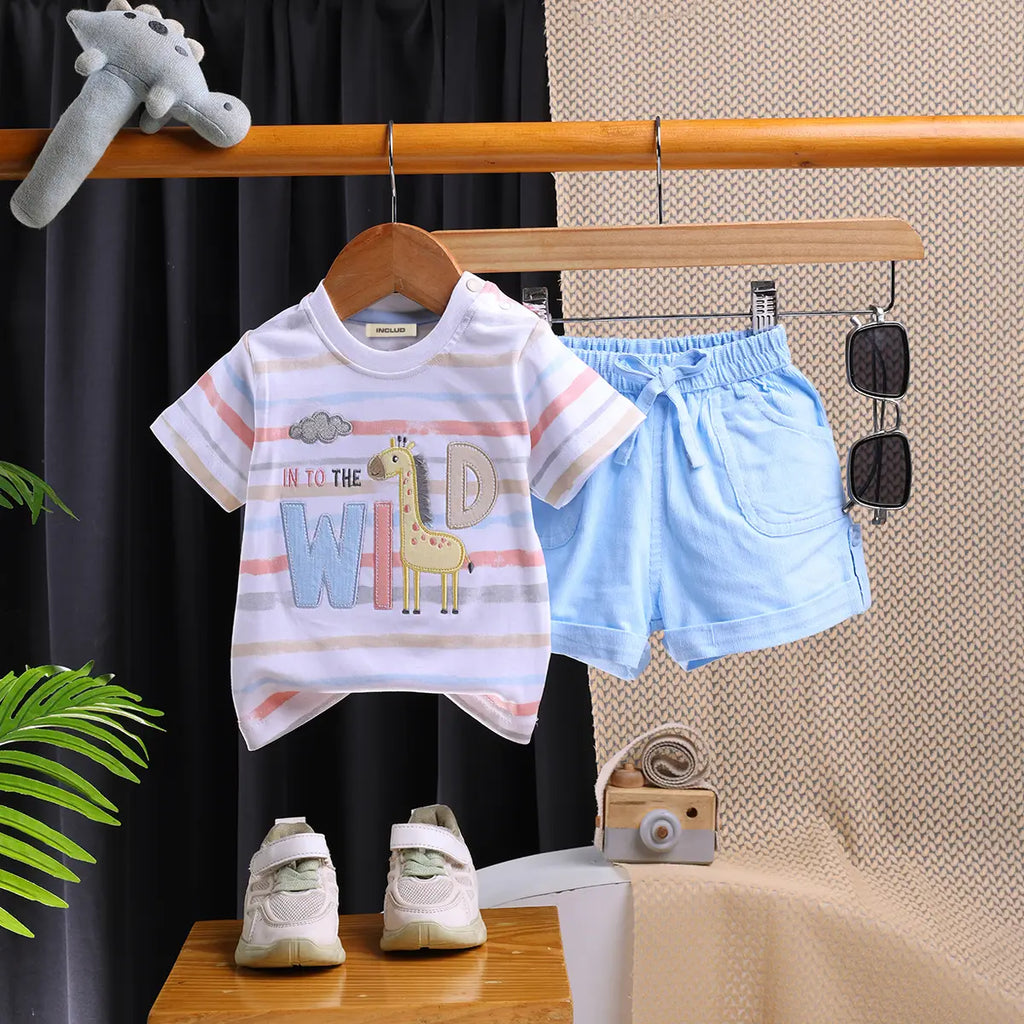 Boys Multicolor Stripes Short Sleeves T-Shirt With Shorts Sets Sets Multicolor 0-1 M