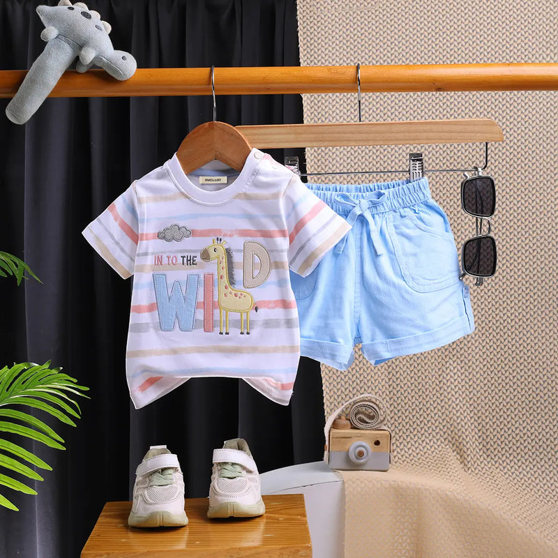 Boys Multicolor Stripes Short Sleeves T-Shirt With Shorts Sets Sets Multicolor 0-1 M