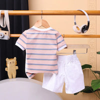 Boys Peach Stripes Short Sleeve Print Applique T-Shirt With Elasticated Shorts Sets 2 pc. Sets
